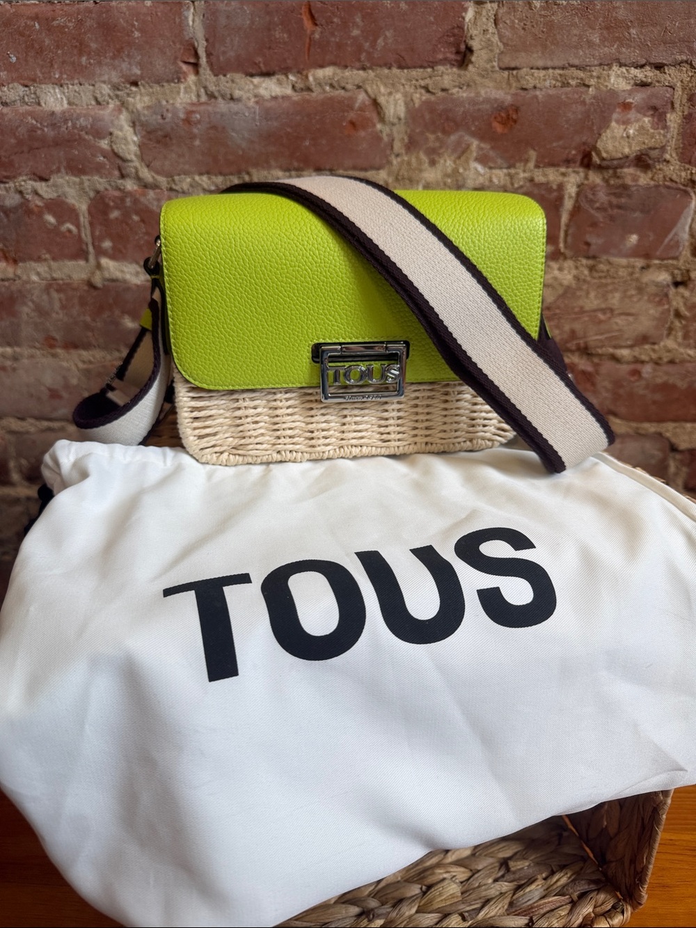 TOUS Lime Green and Natural Woven Crossbody Bag with Contrast Strap